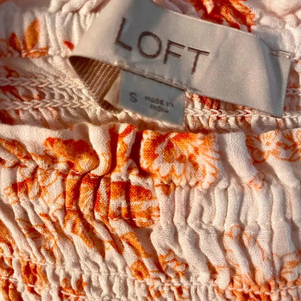 LOFT Orange Smocked Floral Peplum Blouse Puff Sleeve Cottagecore Resort Retro